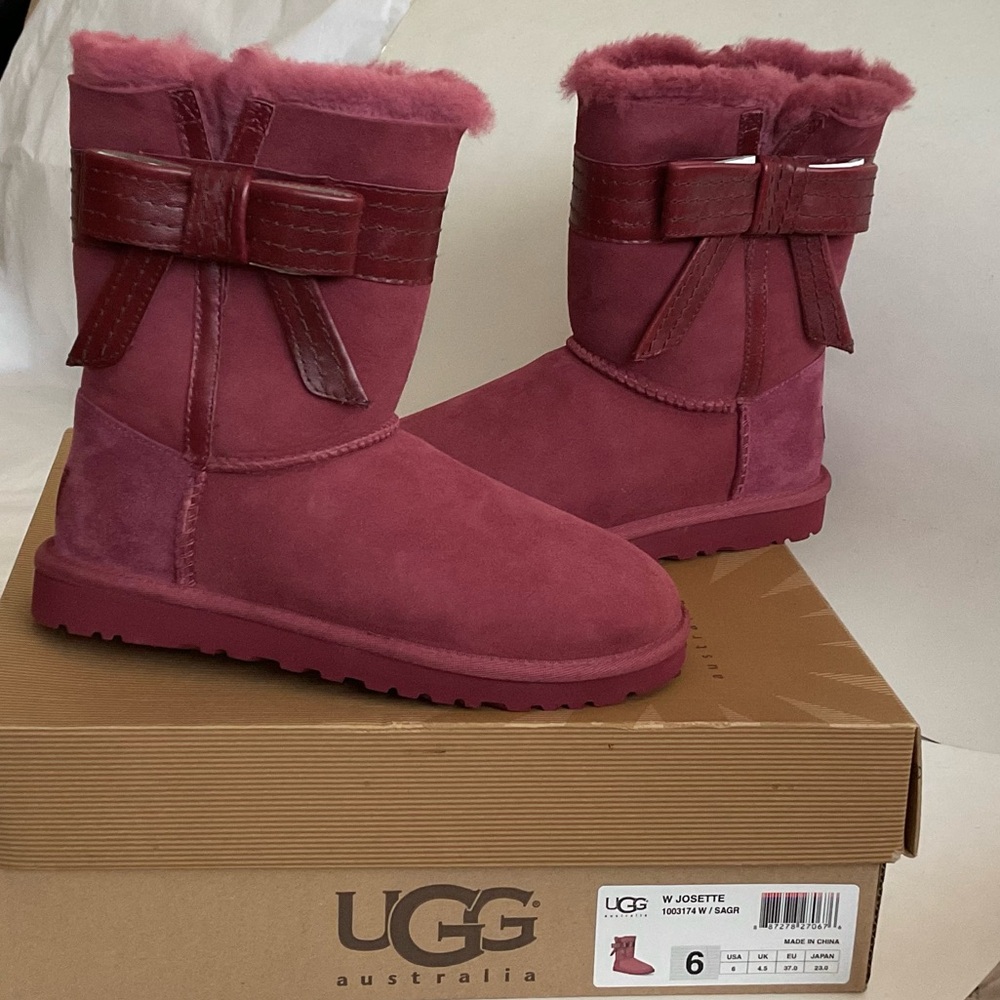 UGG JOSSETTE SUEDE SHEEPSKIN LINED Leather Bow CLASSIC SHORT BOOTS New
